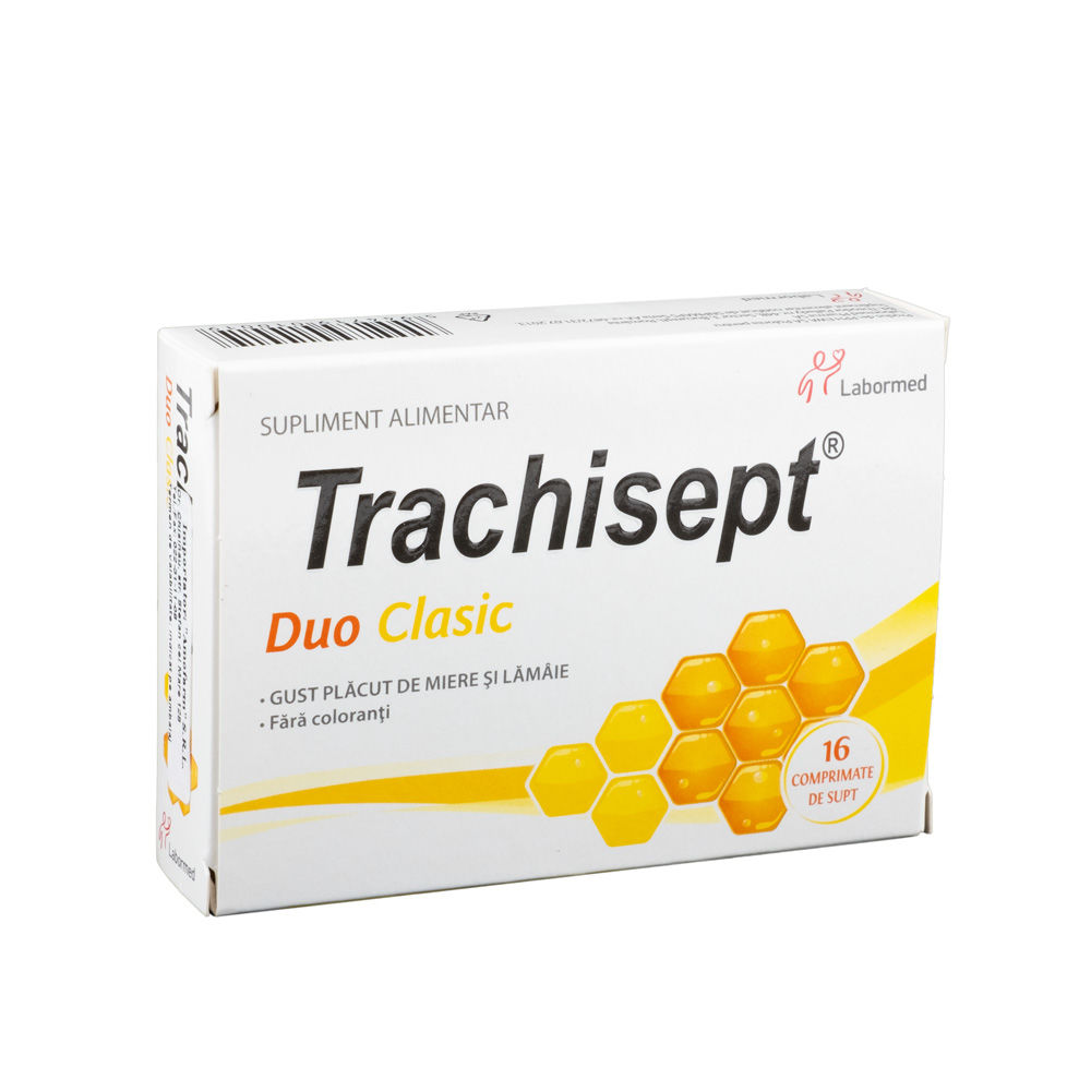 Trachisept Duo Clasic cu miere si lamaie 16 comprimate Labormed