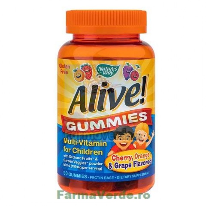 Alive! Gummies Multi-Vitamin for Children 90 de jeluri cu gust de portocale,cirese,struguri Secom
