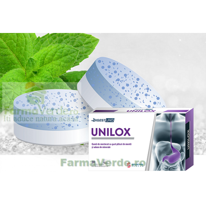 Unilox unicul antiacid inventat, guma de mestecat cu menta si minerale 30 bucati Digest Uno Solacium Pharma